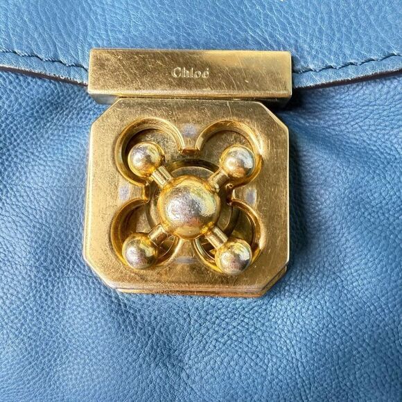 Chloé Elsie Satchel Blue Leather Top Handle Bag Gold Turnlock - Picture 6 of 14